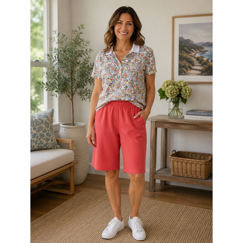 Lands End 100% Cotton Polo +Shorts Set‎ Womens Large Petite Floral Orange Casual